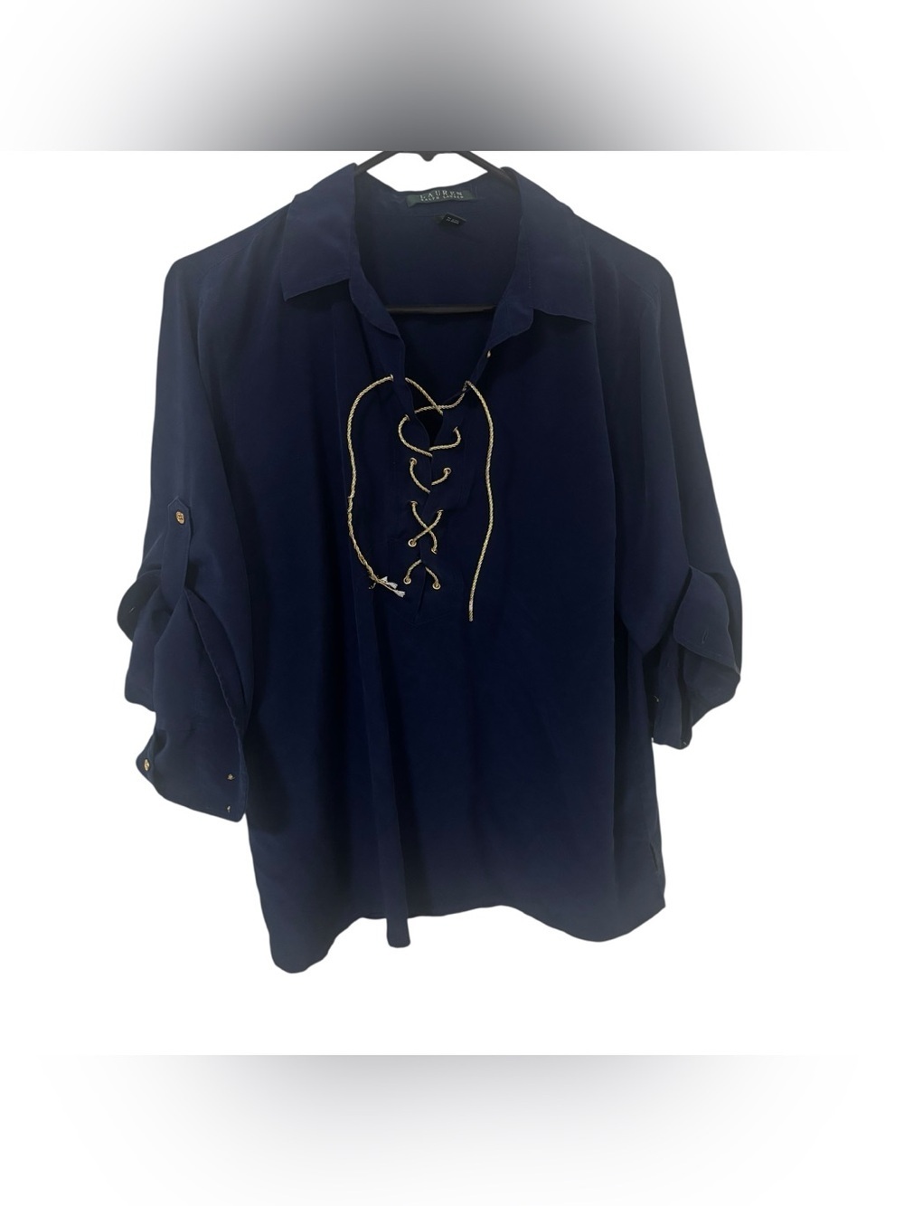 Lauren Ralph Lauren Navy Lace-Up Tunic Blouse with Gold Cord 100% silk size XL